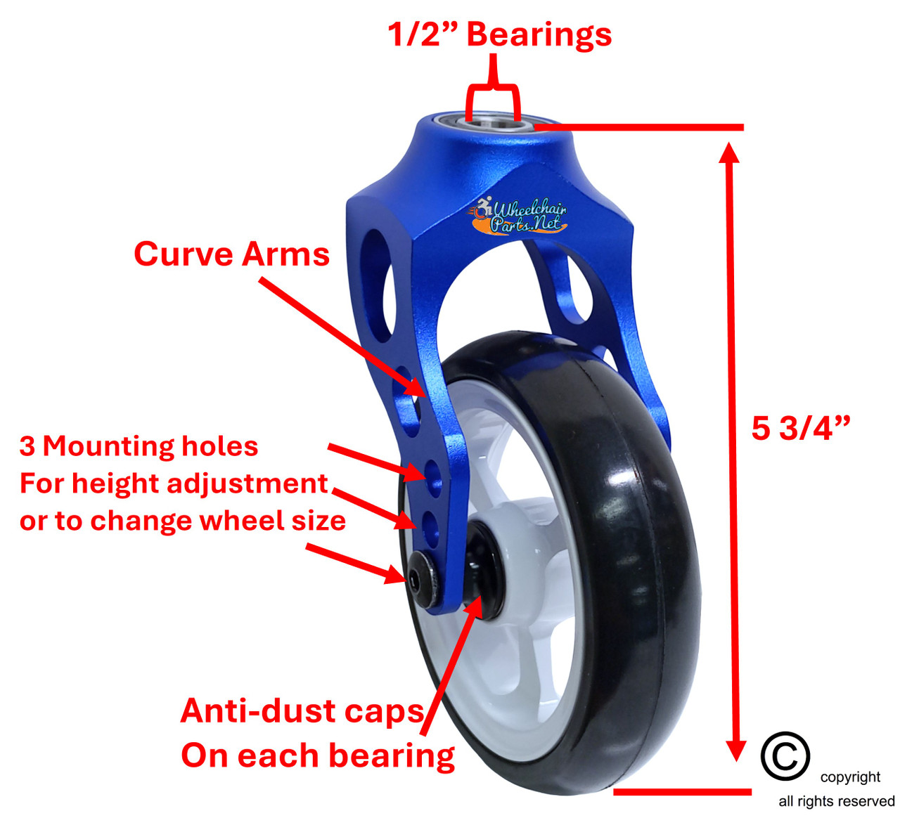Aluminum Blue Caster Fork Assembly With 4x1 Soft Roll Wheel-White Rim