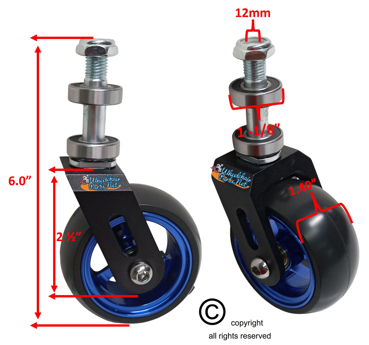 3" x 1.40" Caster Fork Assembly, 3" Blue Rim. Set of 2