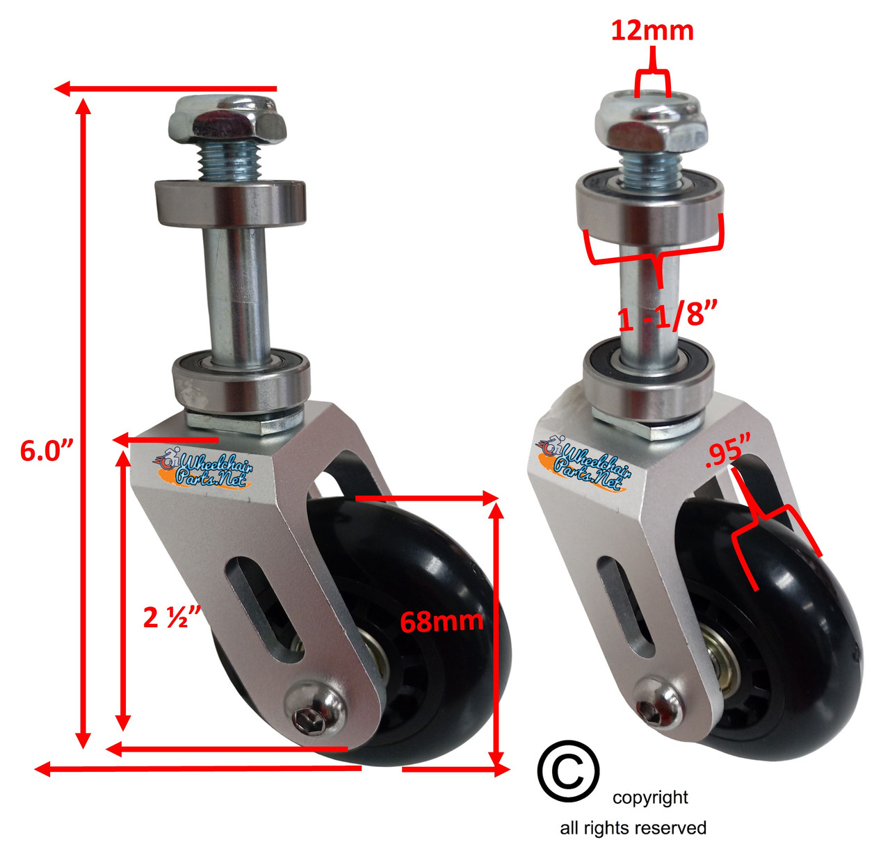 3" x 1" Caster Fork Assembly with 3"x1" Wheel. Set of 2