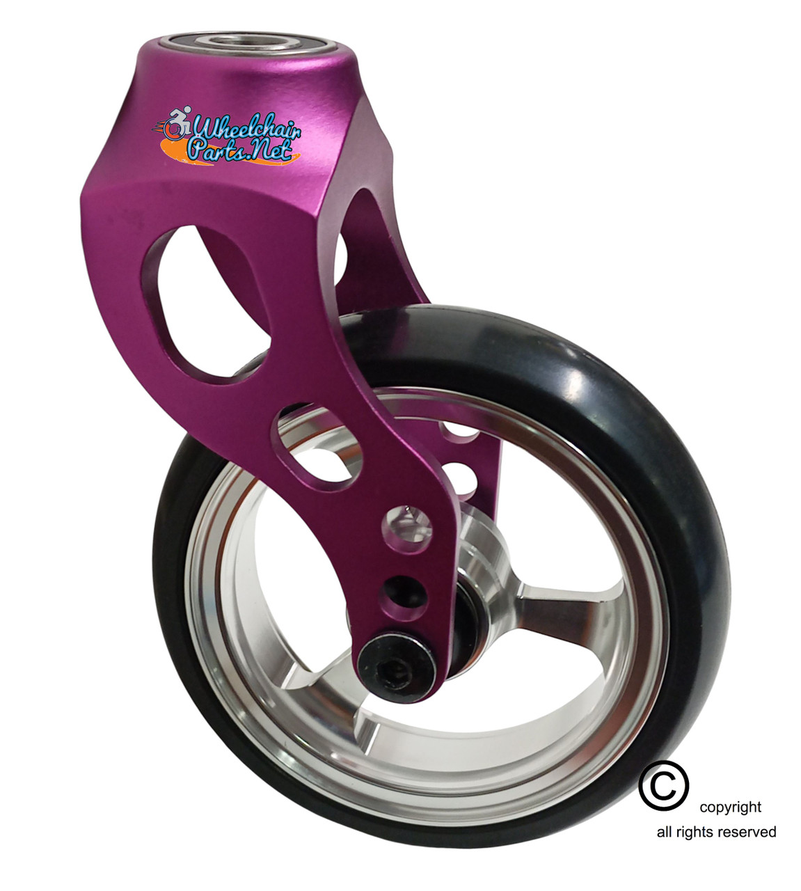 Aluminum Purple Caster Fork Assembly With 4x1 Soft Roll Wheel-Silver Rim