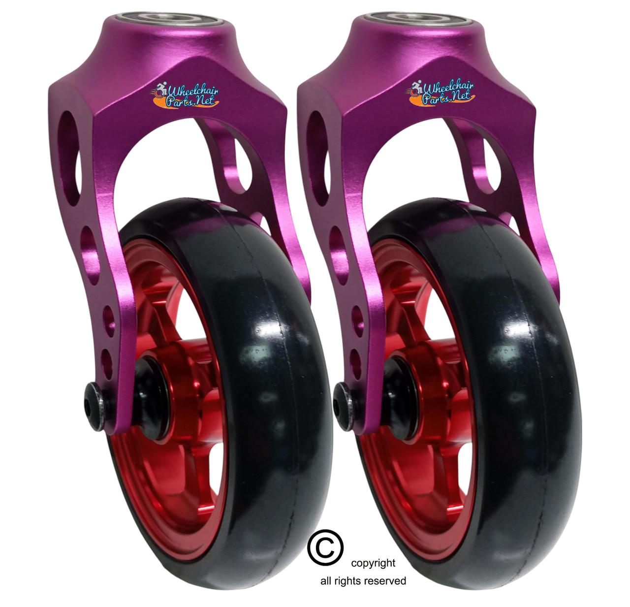 Aluminum Purple Caster Fork Assembly With 4x1 Soft Roll Wheel-Red Rim