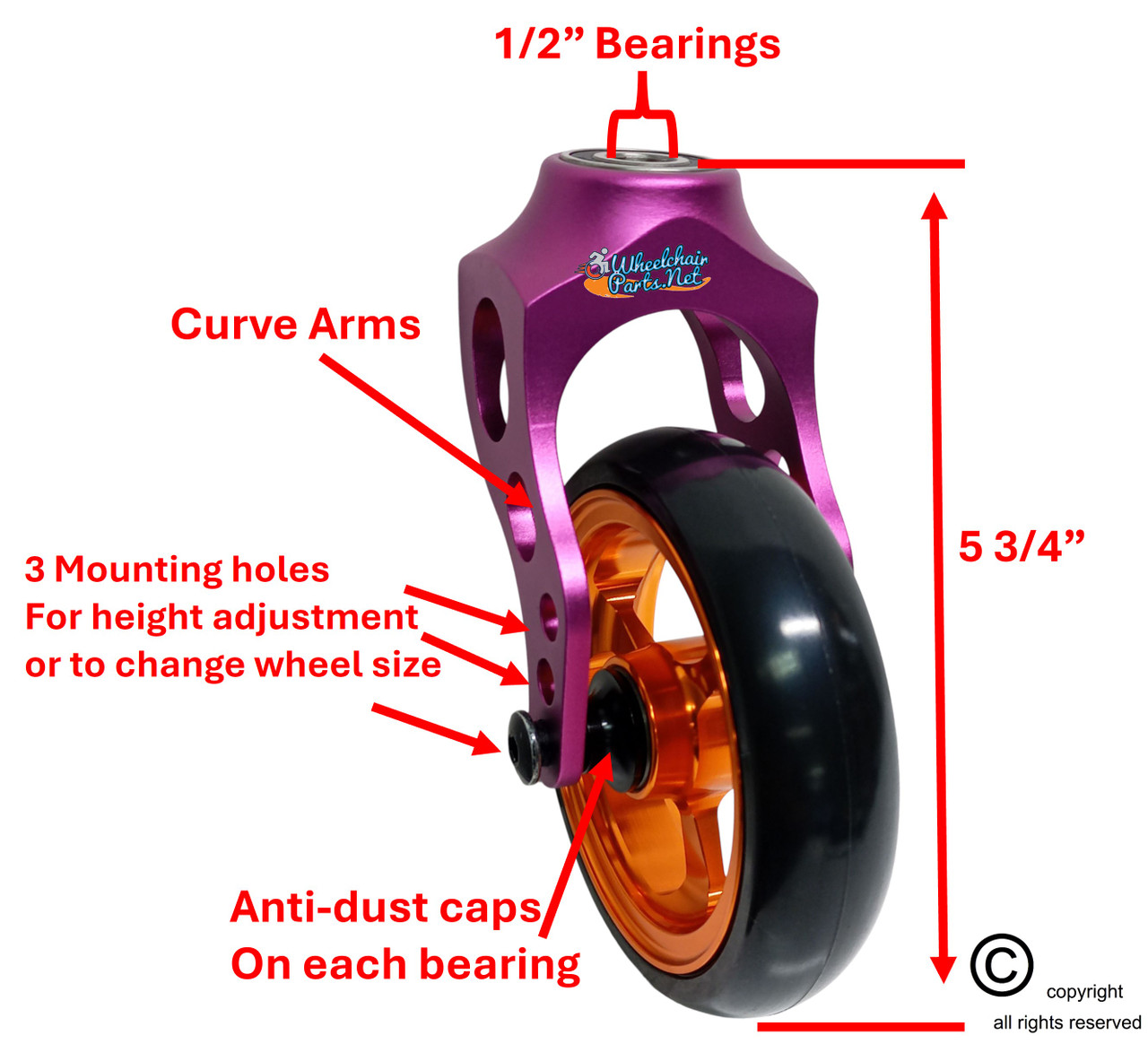 Aluminum Purple Caster Fork Assembly With 4x1 Soft Roll Wheel-Orange Rim