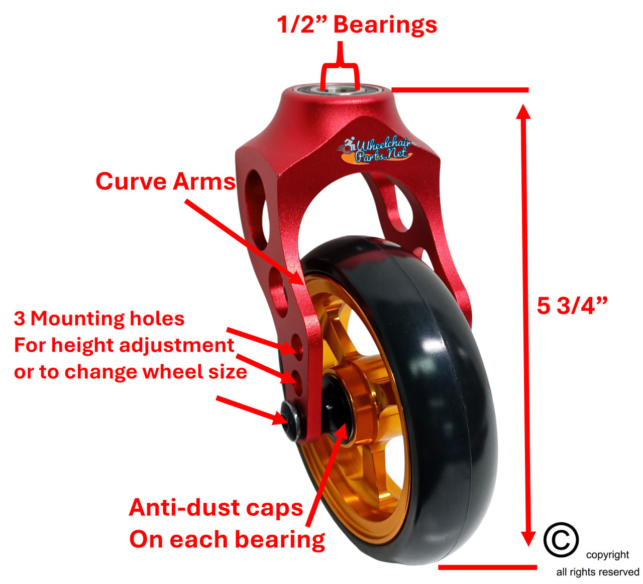 Aluminum Red Caster Fork Assembly With 4x1 Soft Roll Wheel-Gold Rim