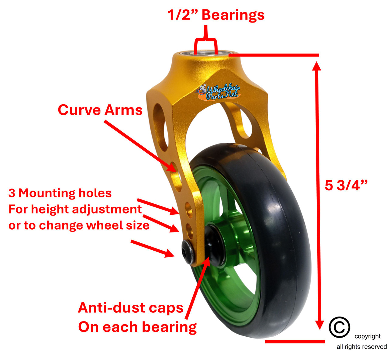 Aluminum Gold Caster Fork Assembly With 4x1 Soft Roll Wheel-Green Rim