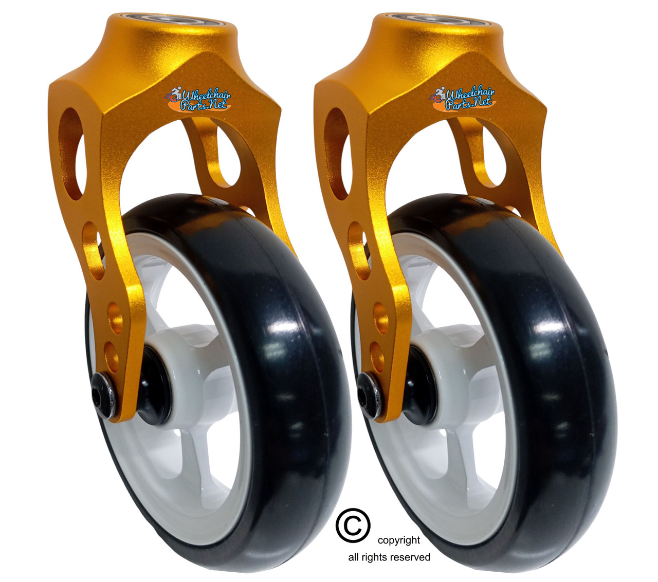 Aluminum Gold Caster Fork Assembly With 4x1 Soft Roll Wheel-White Rim