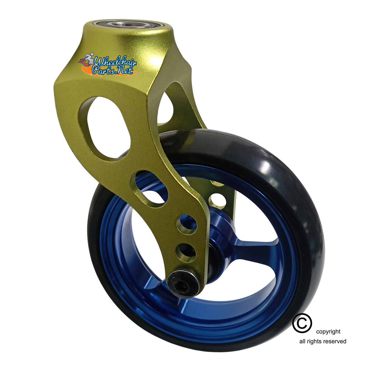 Aluminum Green Caster Fork Assembly With 4x1 Soft Roll Wheel-Blue Rim