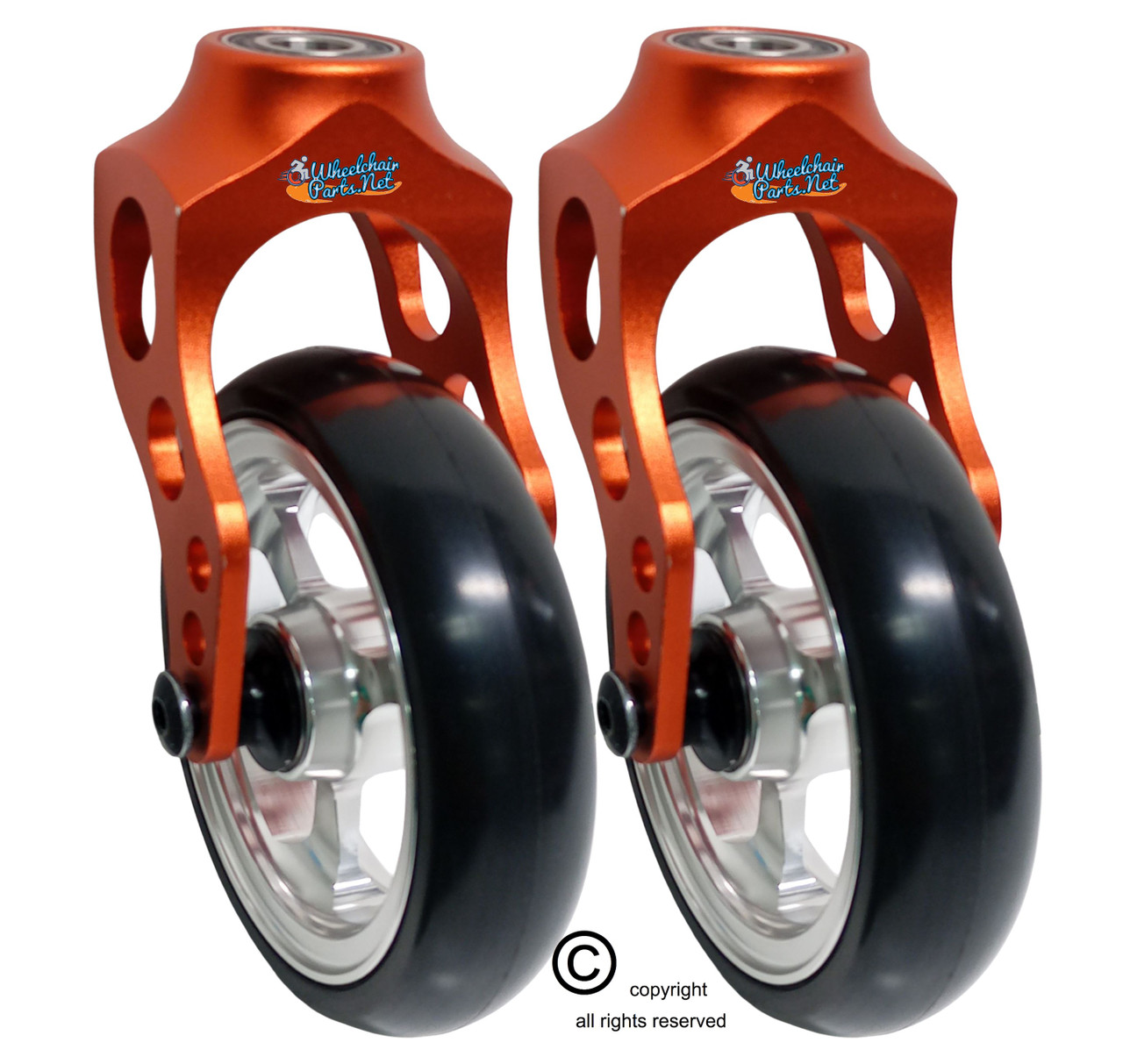 Aluminum Orange Caster Fork Assembly With 4x1 Soft Roll Wheel-Silver Rim