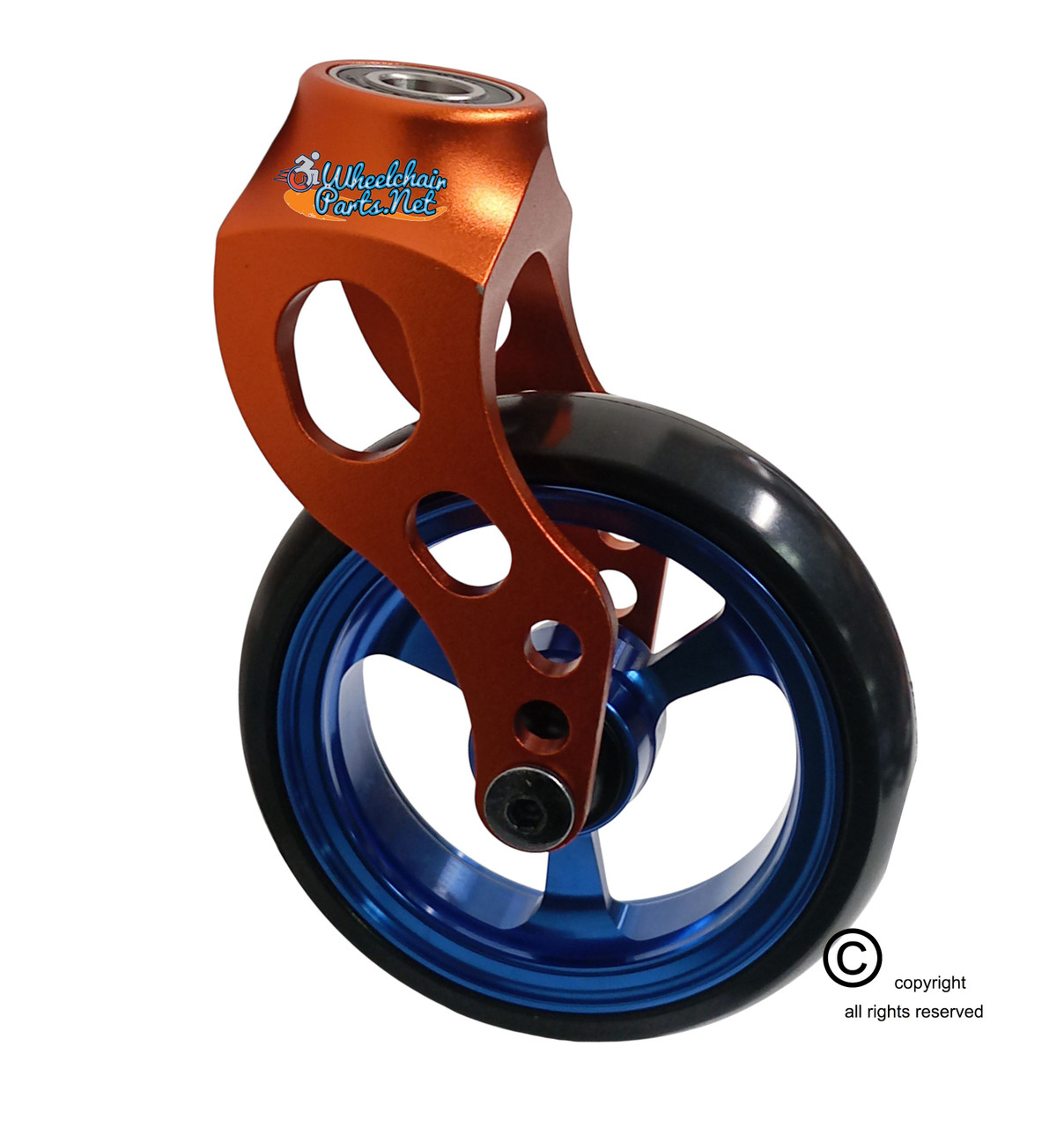 Aluminum Orange Caster Fork Assembly With 4x1 Soft Roll Wheel-Blue Rim