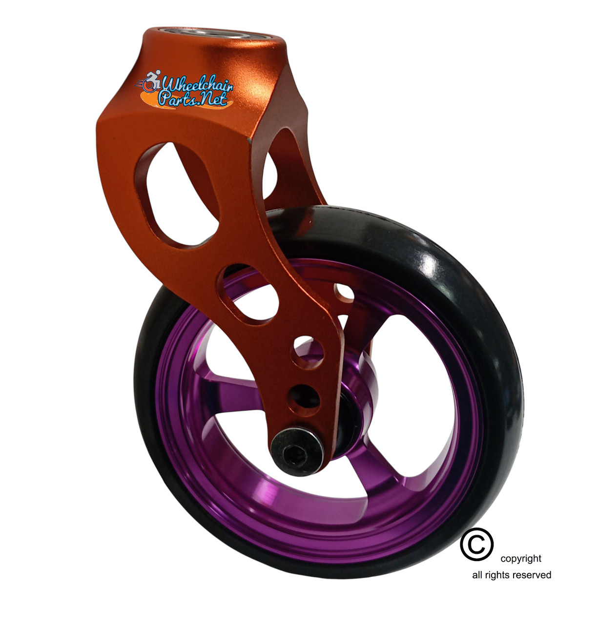 Aluminum Orange Caster Fork Assembly With 4x1 Soft Roll Wheel-Purple Rim