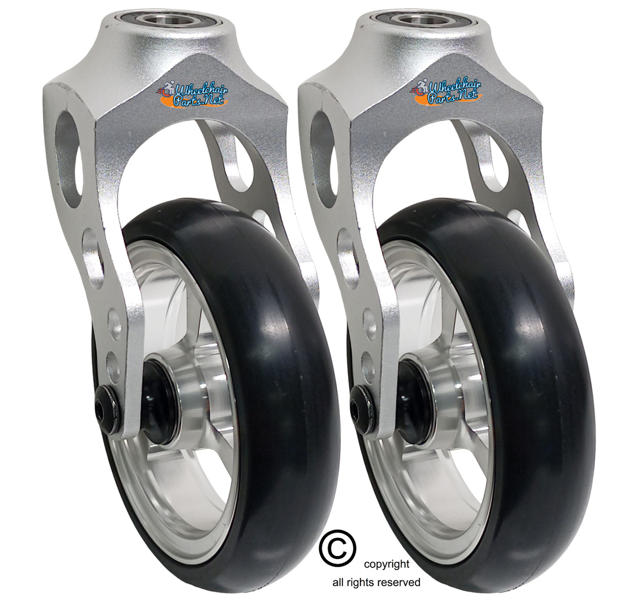 Aluminum Silver Caster Fork Assembly With 5x1 Soft Roll Wheel-Silver Rim