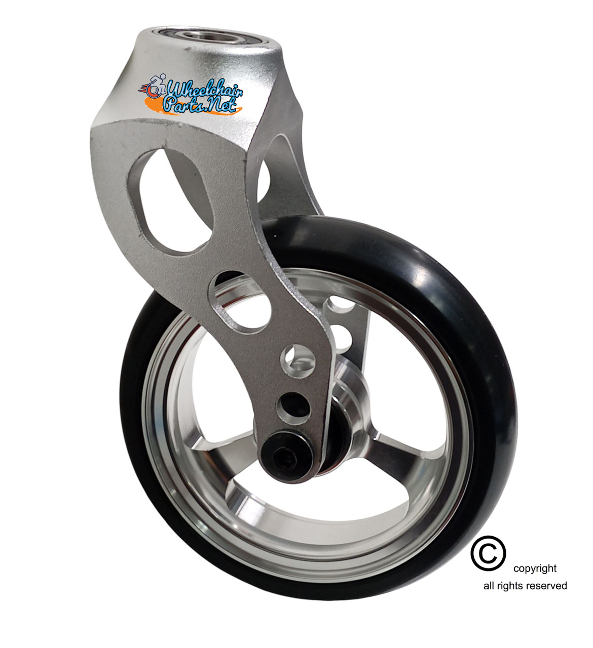 Aluminum Silver Caster Fork Assembly With 5x1 Soft Roll Wheel-Silver Rim