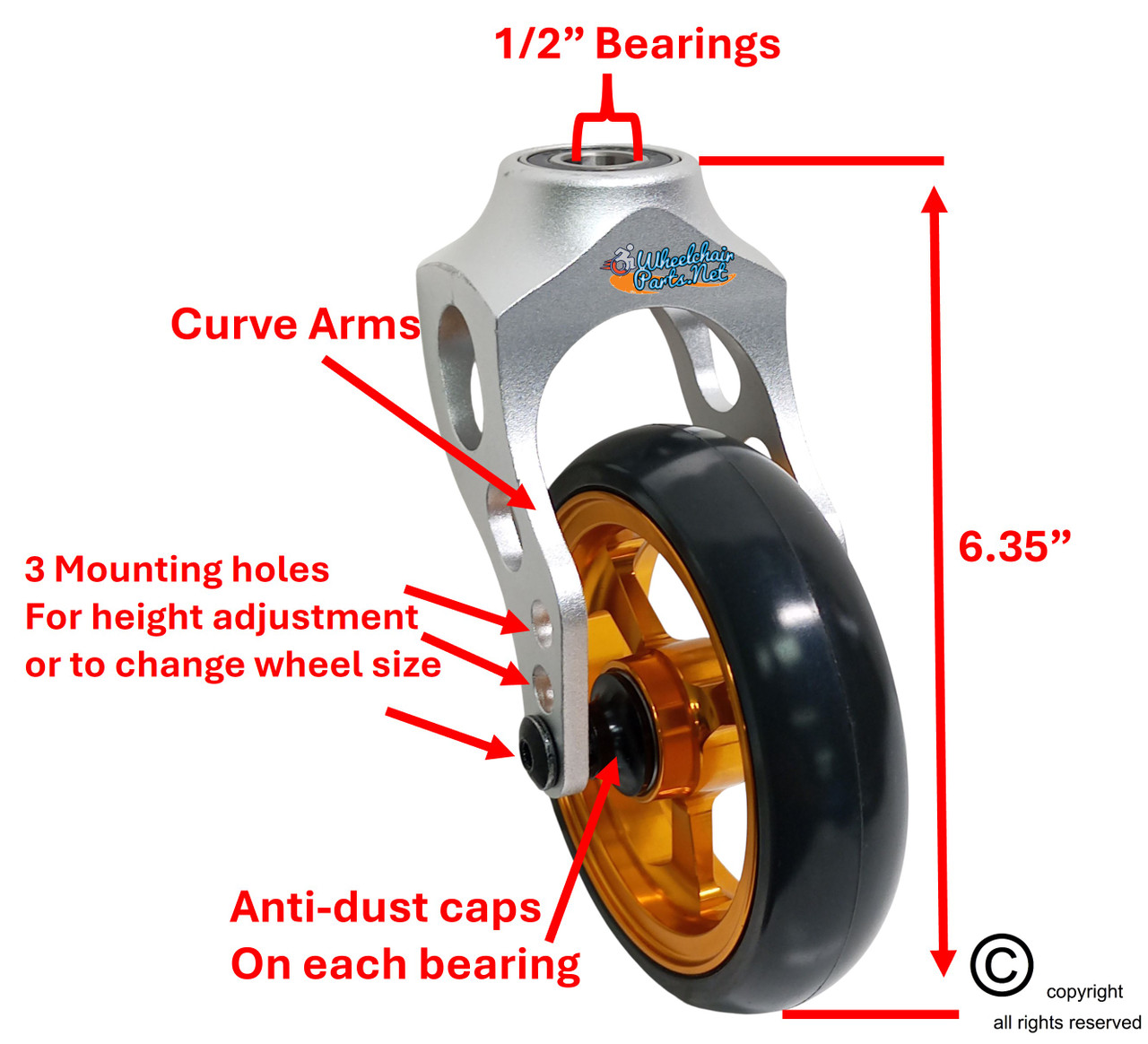 Aluminum Silver Caster Fork Assembly With 5x1 Soft Roll Wheel-Gold Rim