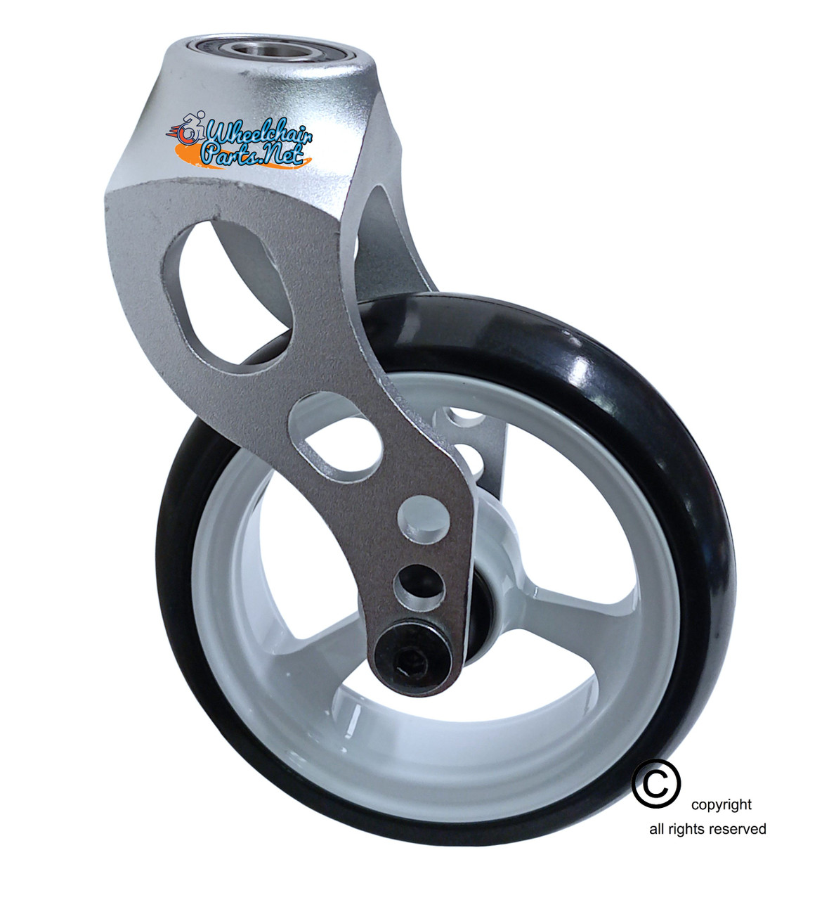 Aluminum Silver Caster Fork Assembly With 5x1 Soft Roll Wheel-White Rim