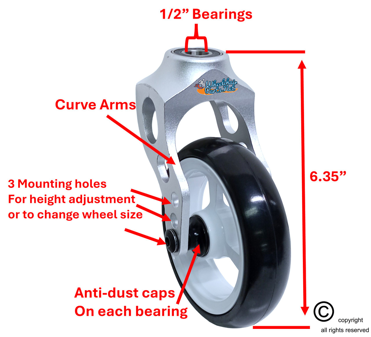 Aluminum Silver Caster Fork Assembly With 5x1 Soft Roll Wheel-White Rim