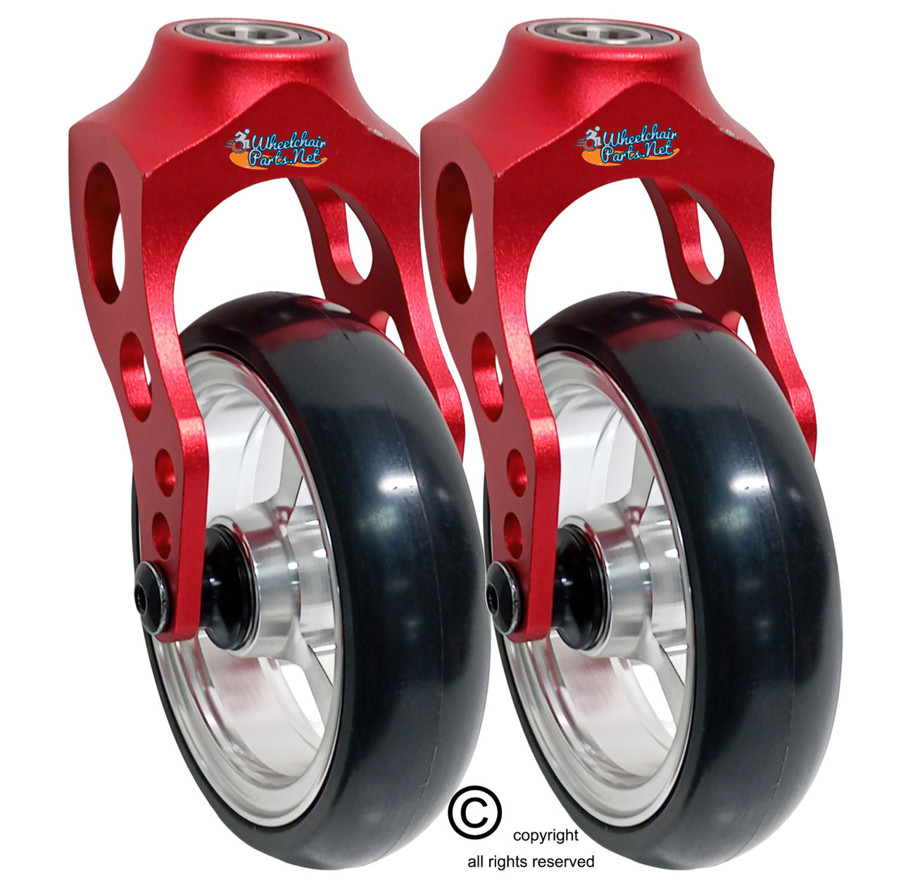 Aluminum Red Caster Fork Assembly With 5x1 Soft Roll Wheel-Silver Rim