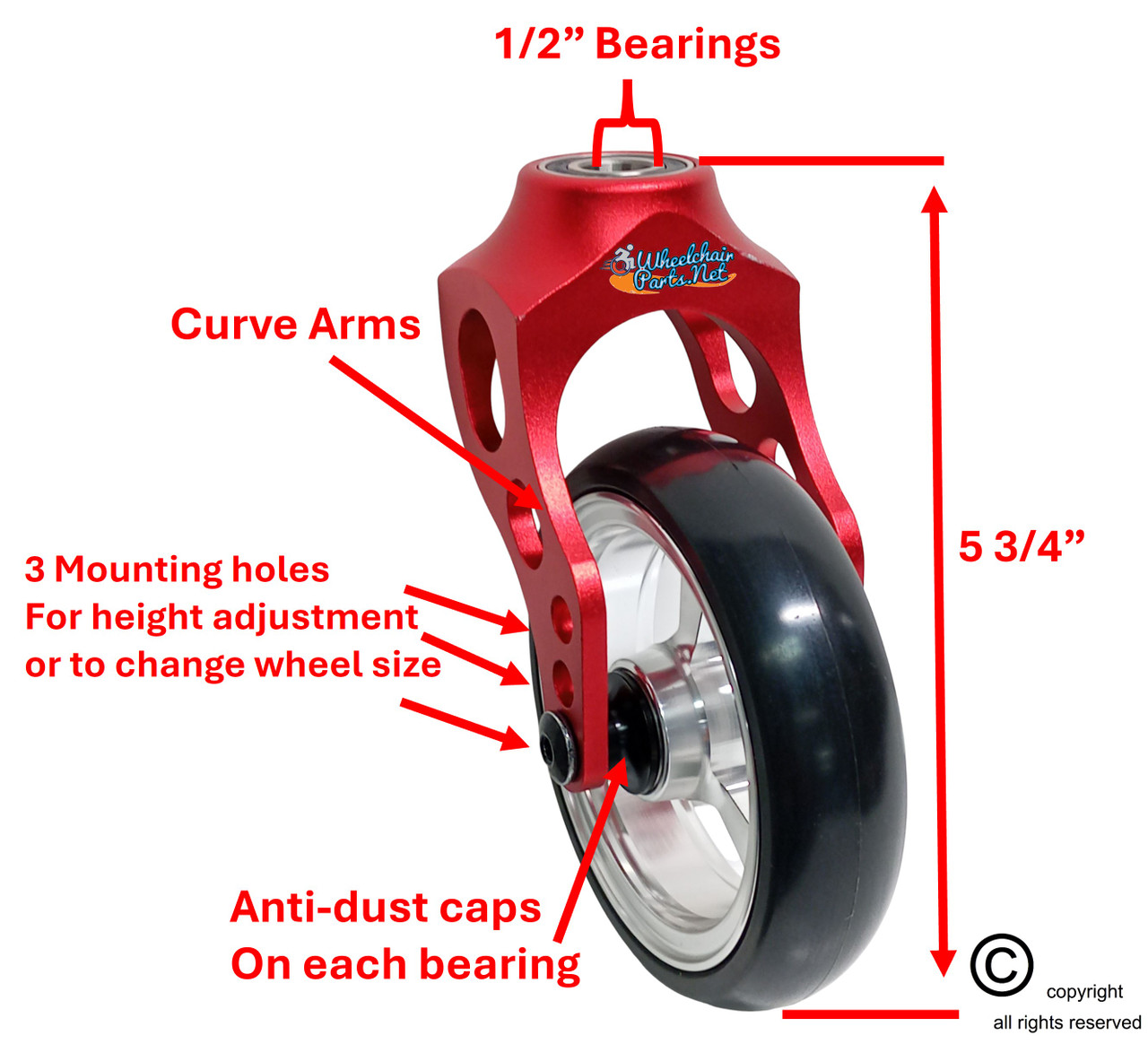 Aluminum Red Caster Fork Assembly With 5x1 Soft Roll Wheel-Silver Rim