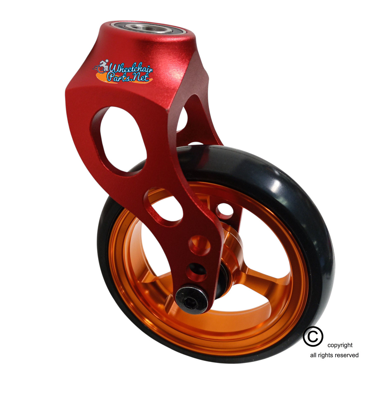 Aluminum Red Caster Fork Assembly With 5x1 Soft Roll Wheel-Orange Rim