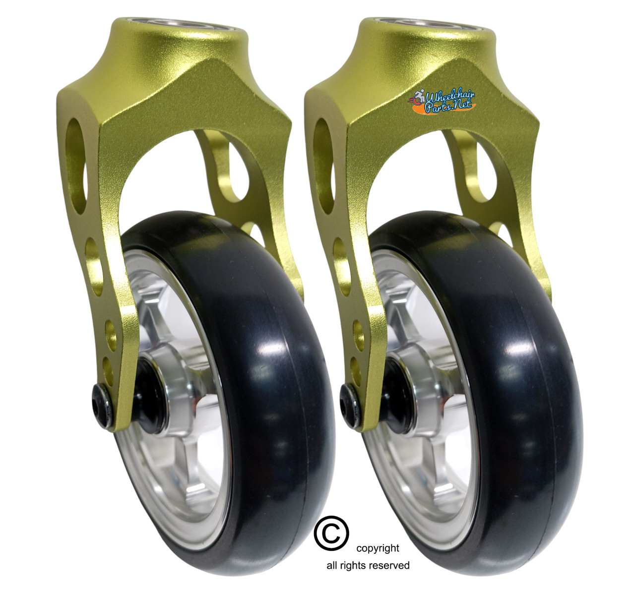 Aluminum Green Caster Fork Assembly With 5x1 Soft Roll Wheel-Silver Rim