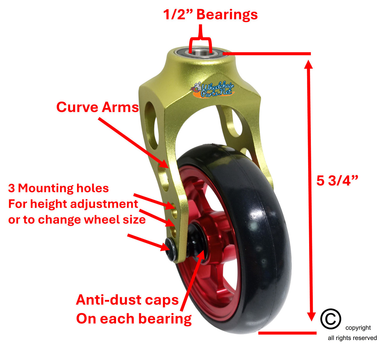 Aluminum Green Caster Fork Assembly With 5x1 Soft Roll Wheel- Red Rim