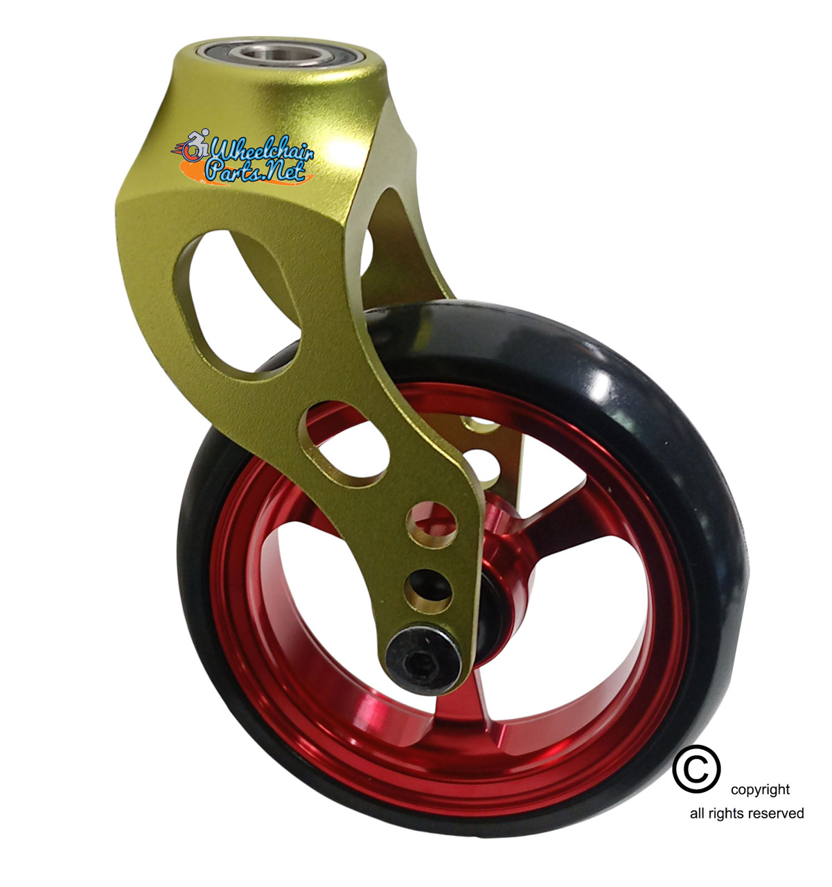 Aluminum Green Caster Fork Assembly With 5x1 Soft Roll Wheel- Red Rim