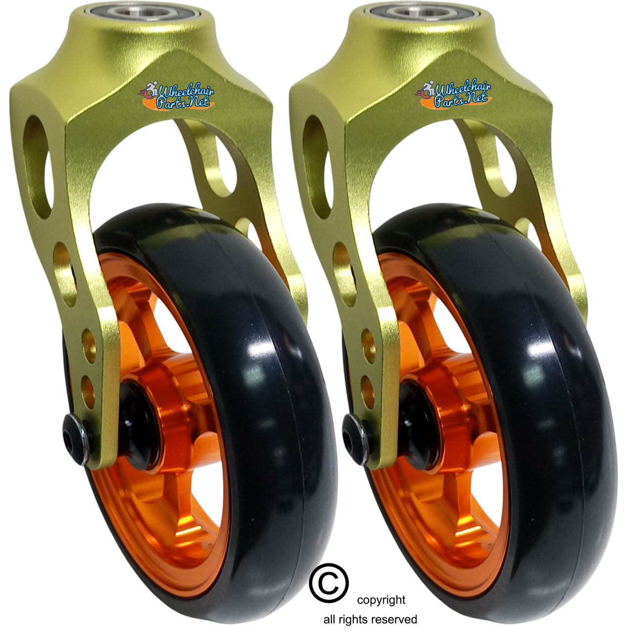 Aluminum Green Caster Fork Assembly With 5x1 Soft Roll Wheel- Orange Rim