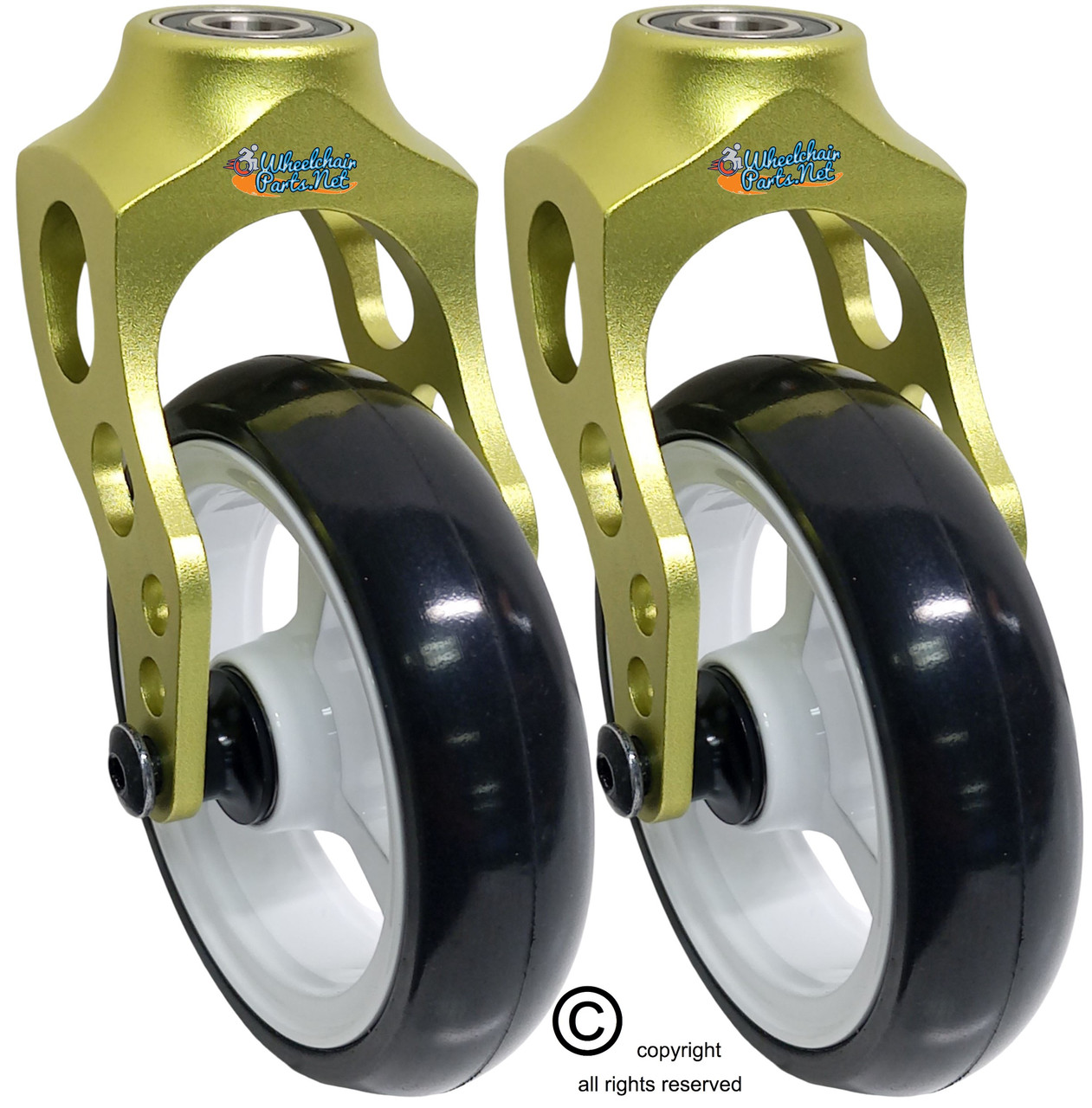 Aluminum Green Caster Fork Assembly With 5x1 Soft Roll Wheel- White  Rim