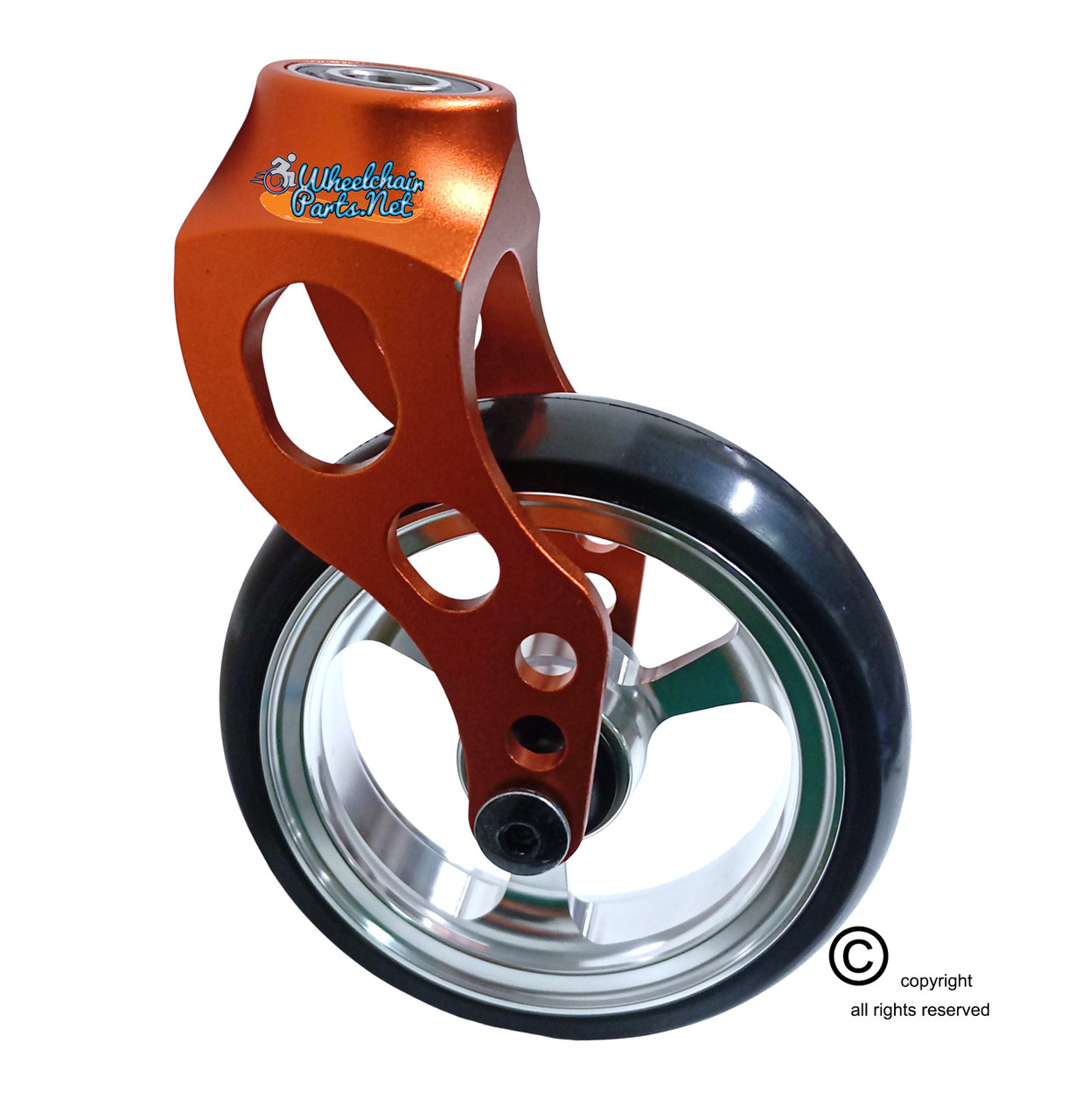 Aluminum Orange Caster Fork Assembly With 5x1 Soft Roll Wheel- Silver  Rim