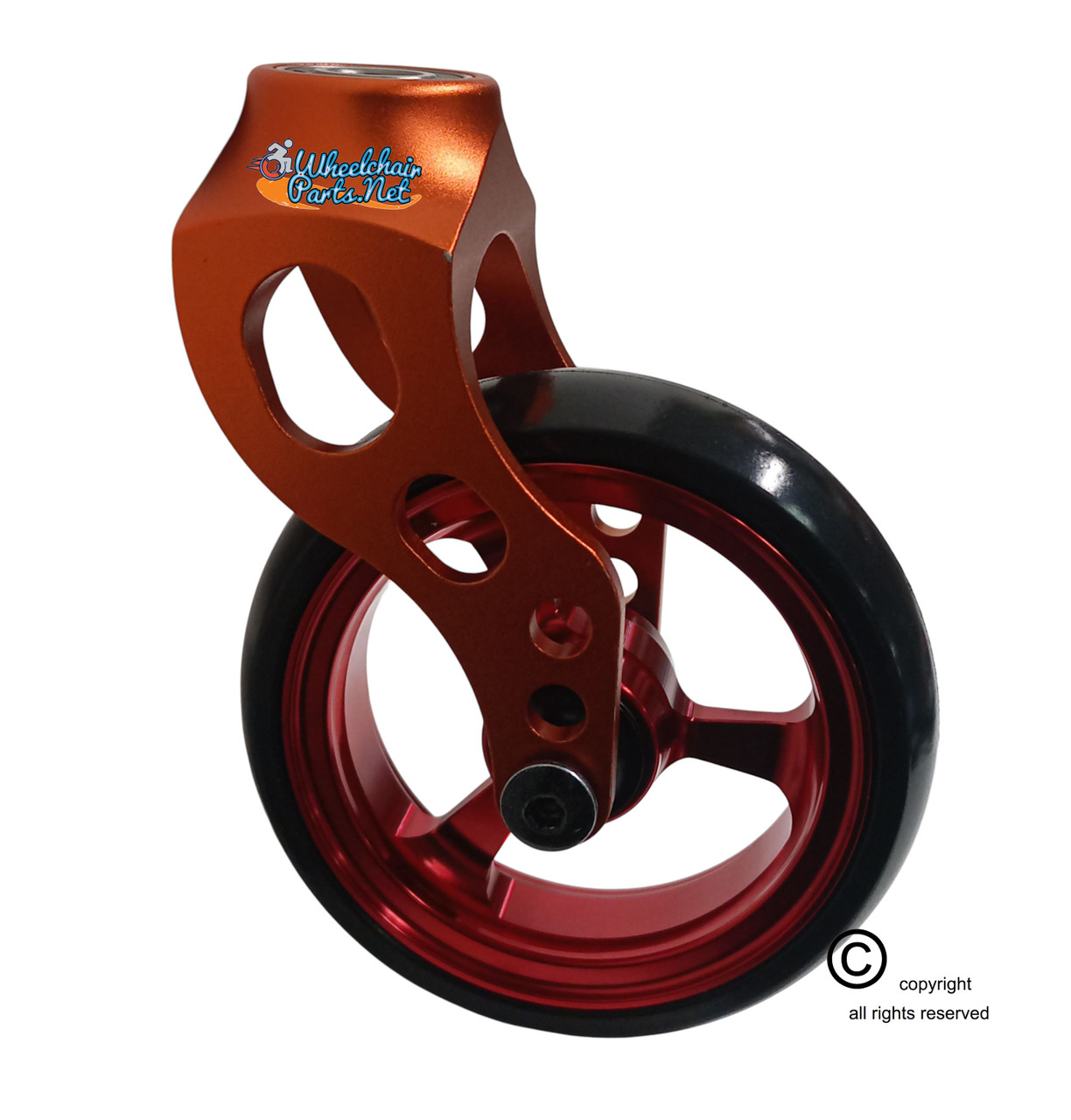 Aluminum Orange Caster Fork Assembly With 5x1 Soft Roll Wheel- Red  Rim