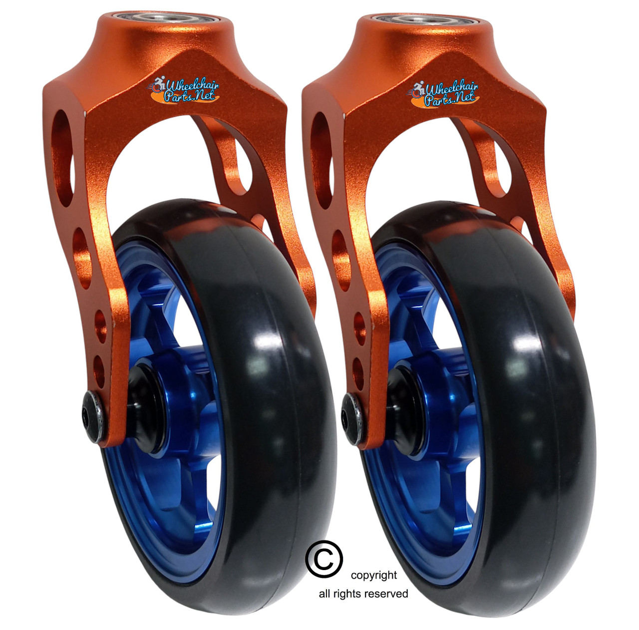 Aluminum Orange Caster Fork Assembly With 5x1 Soft Roll Wheel- Blue  Rim