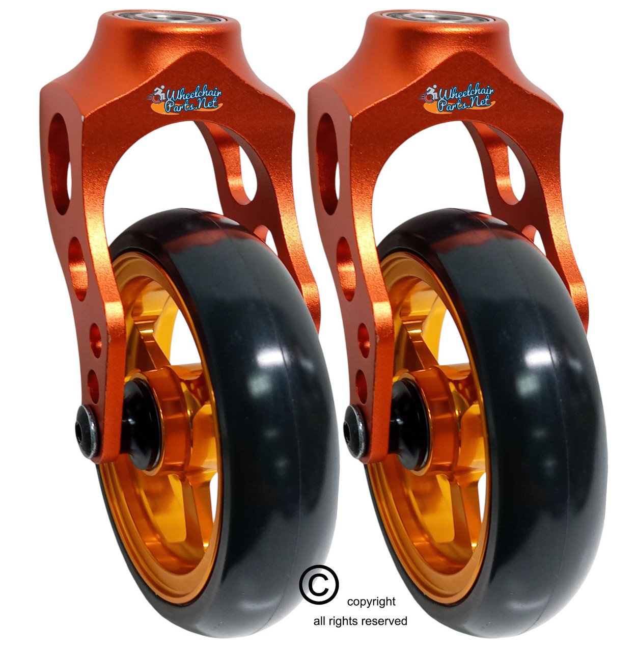 Aluminum Orange Caster Fork Assembly With 5x1 Soft Roll Wheel- Gold  Rim