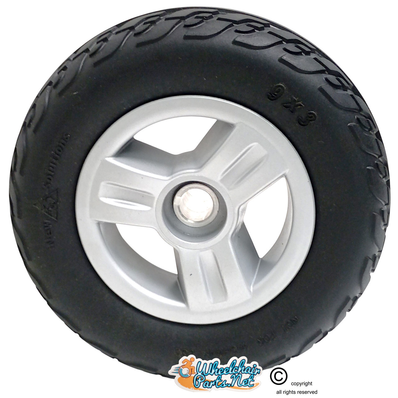 9" x 3" Rear (drive) wheel assembly for PRIDE GO-GO 3 and 4 wheel scooters. SOLD AS PAIR