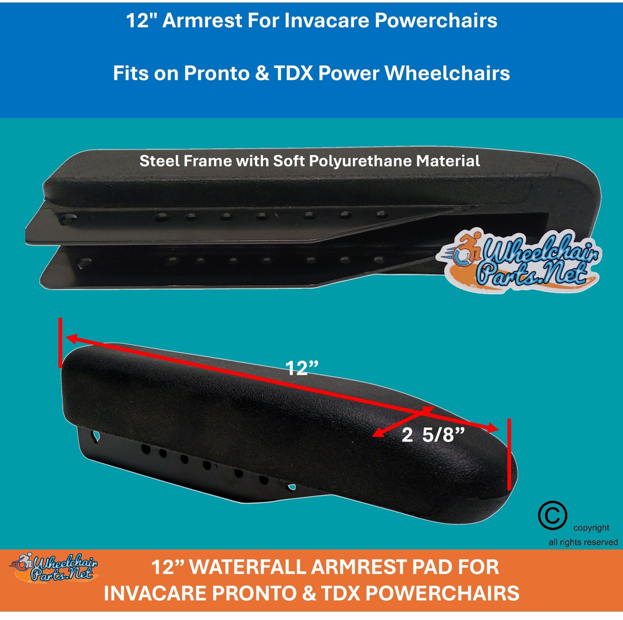 12"  Armrest For Invacare Pronto & TDX Power Wheelchair. Sold as each