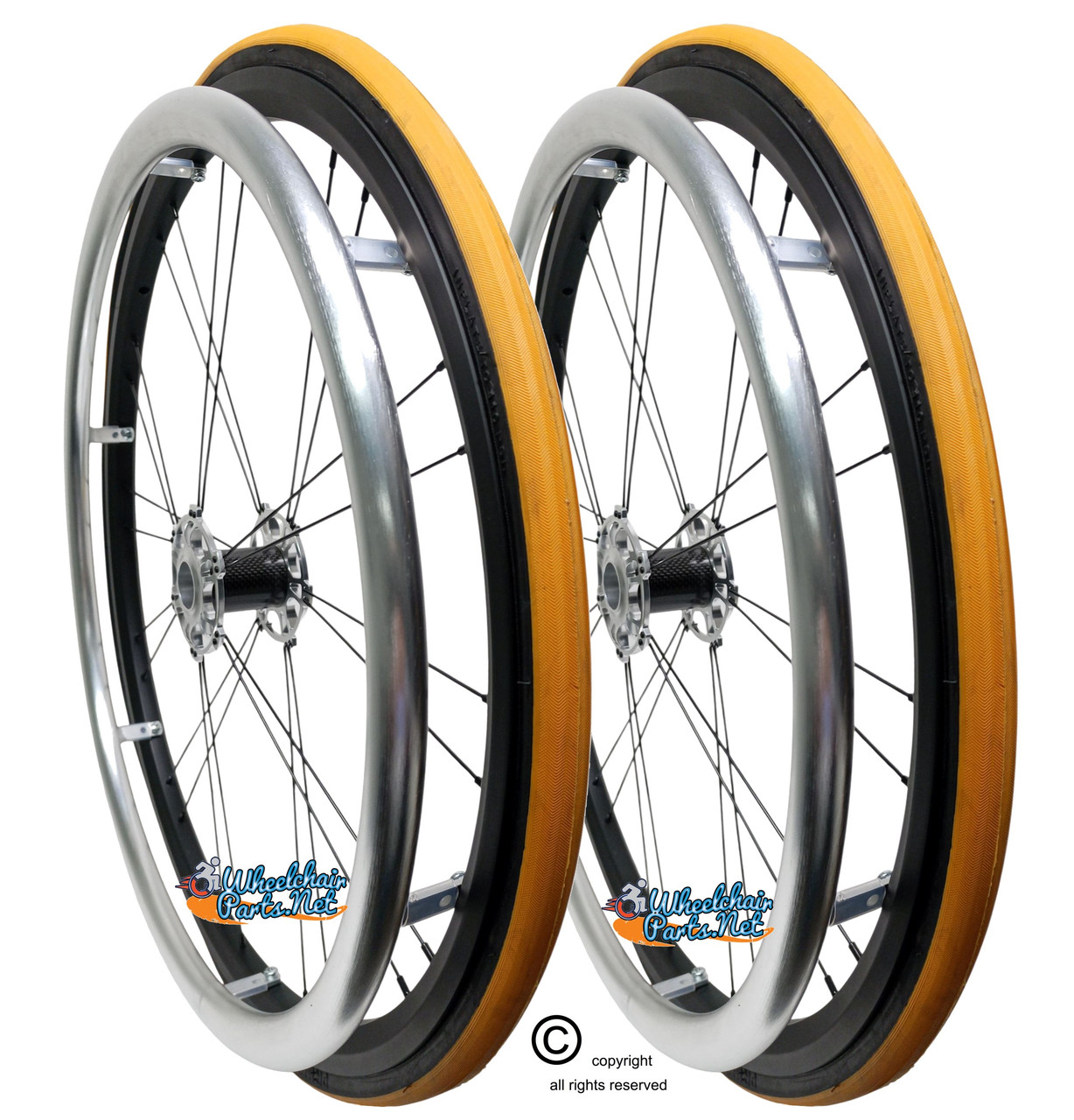 Shivoxx 24"x1" (540) Wheels with Primo V-Track Yellow Color Tires. Silver Pushrim, Aluminum/Carbon Hub and 1/2" Bearings