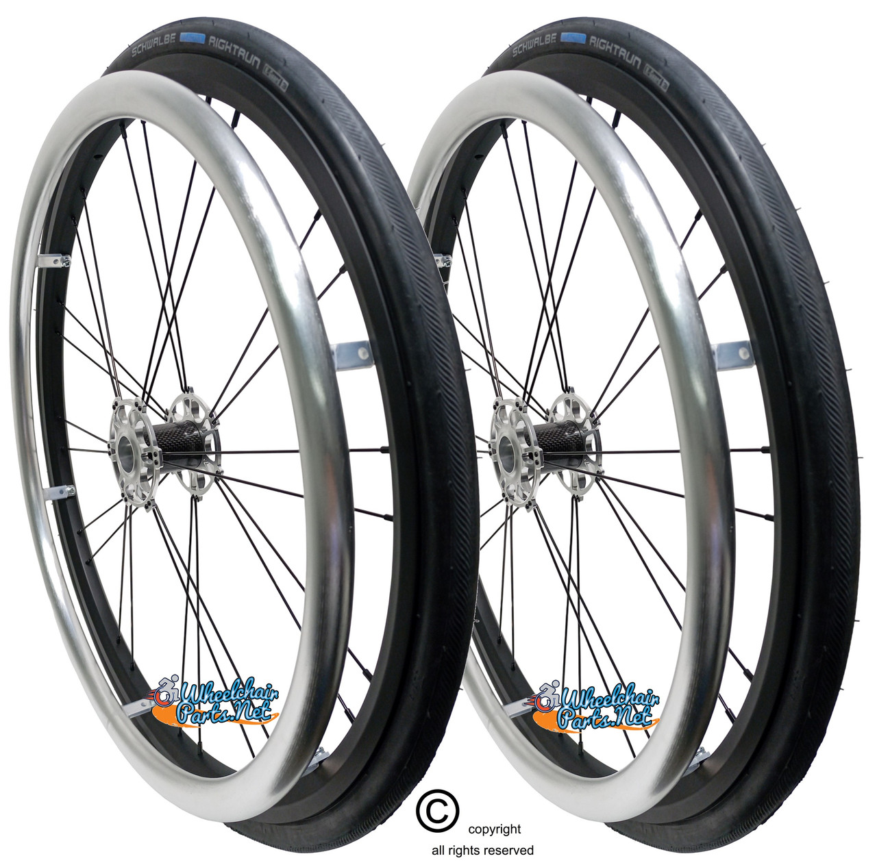 Shivoxx 24"x1" (540) Wheels with Schwalbe RightRun Tires. Silver Pushrim, Aluminum/Carbon Hub and 1/2" Bearings