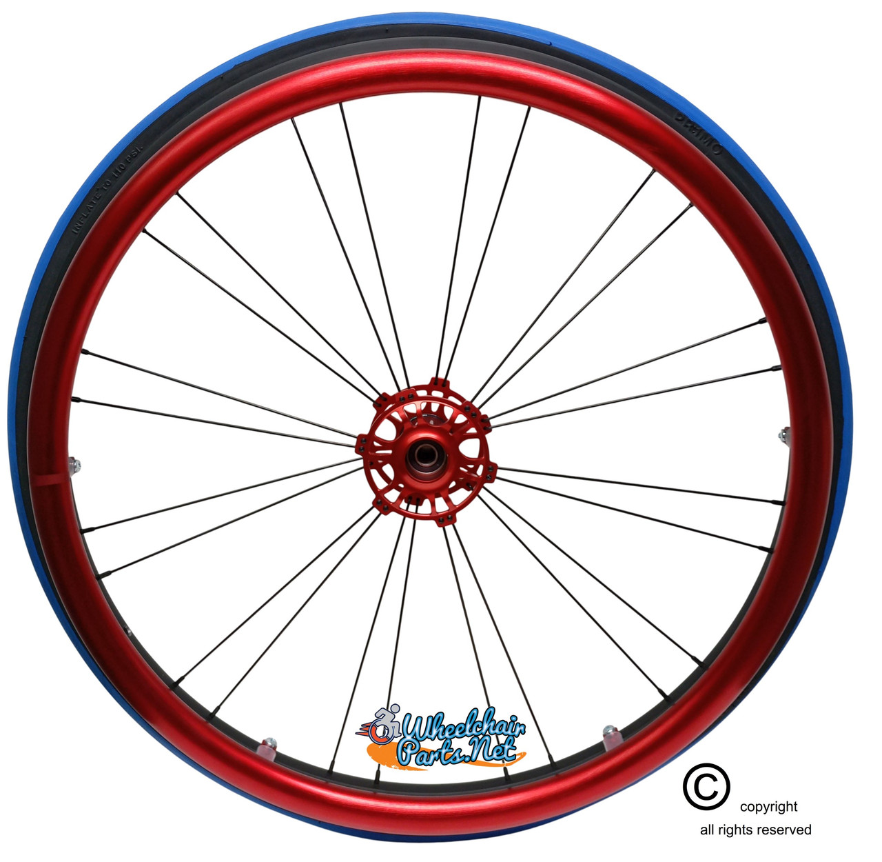 Shivoxx 24"x1" (540) Wheels with Primo V-Trak Blue Tires. Red Pushrim, Aluminum/Carbon Hub and 1/2" Bearings