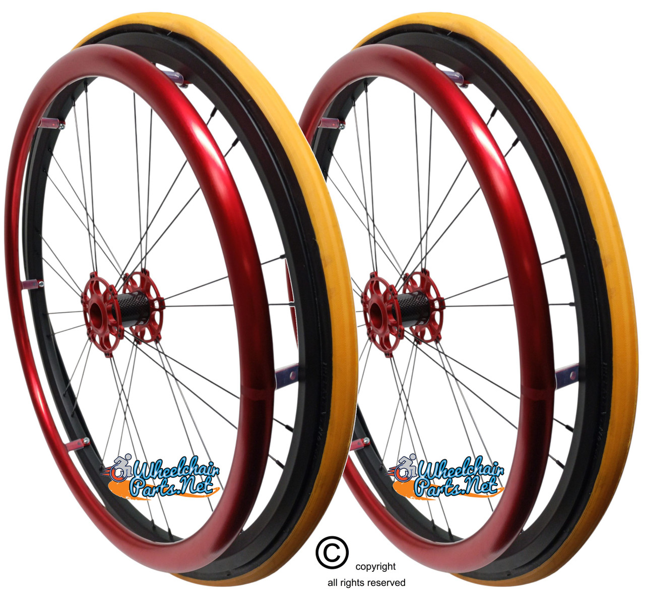 Shivoxx 24"x1" (540) Wheels with Primo V-Trak Yellow Tires. Red Pushrim, Aluminum/Carbon Hub and 1/2" Bearings