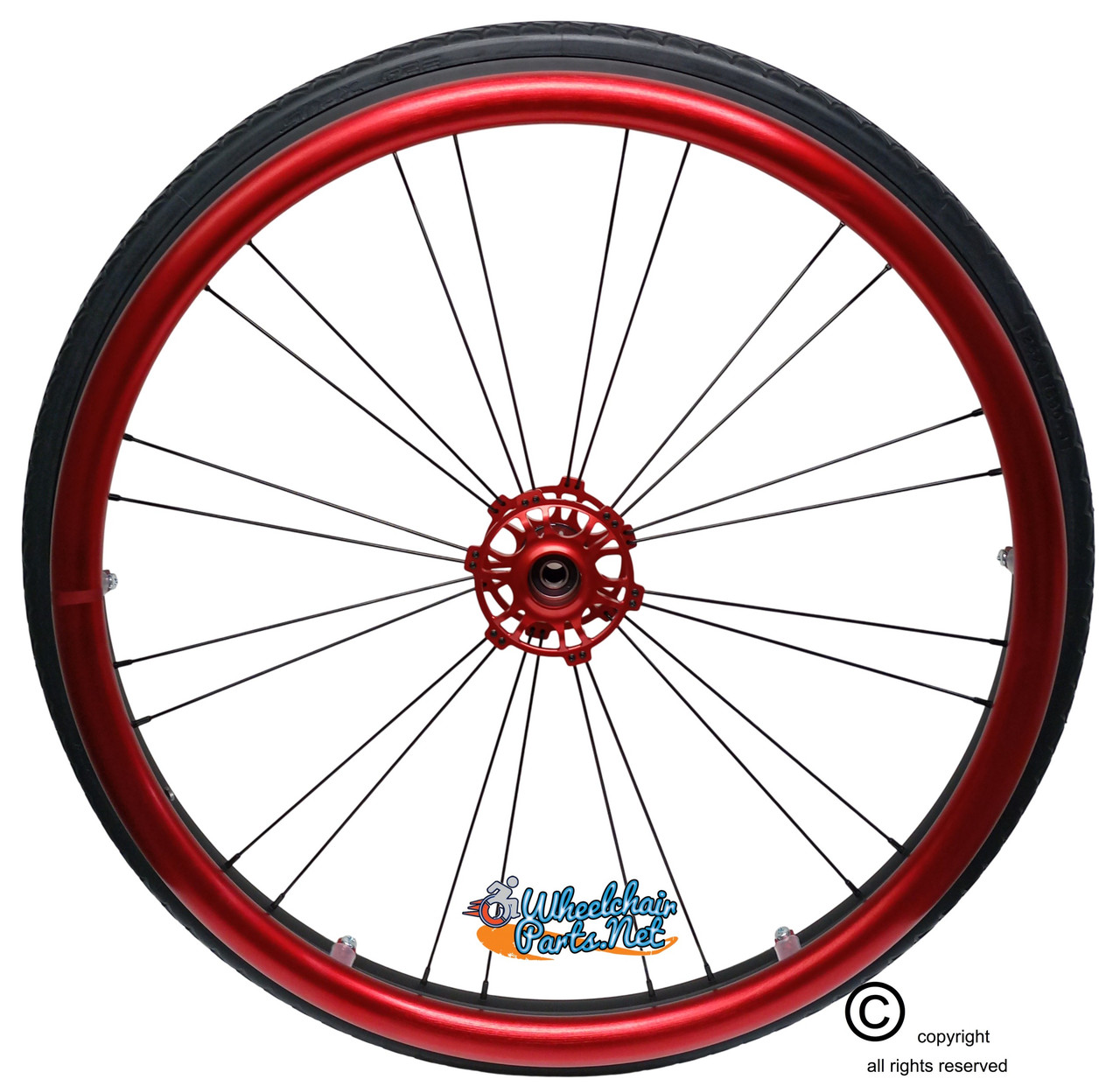 Shivoxx 24"x1 3/8" (540) Wheels with Shox G2 Black Tires. Red Pushrim, Aluminum/Carbon Hub and 1/2" Bearings