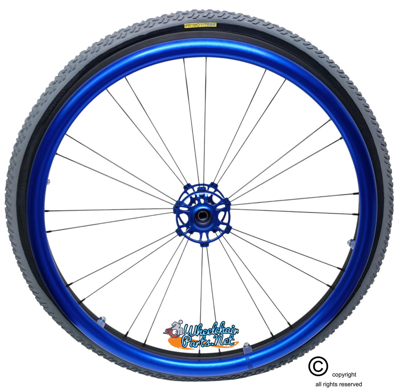 Shivoxx 24"x1 3/8" (540) Wheels with Primo All Terrain Tires. Blue Pushrim, Aluminum/Carbon Hub and 1/2" Bearings