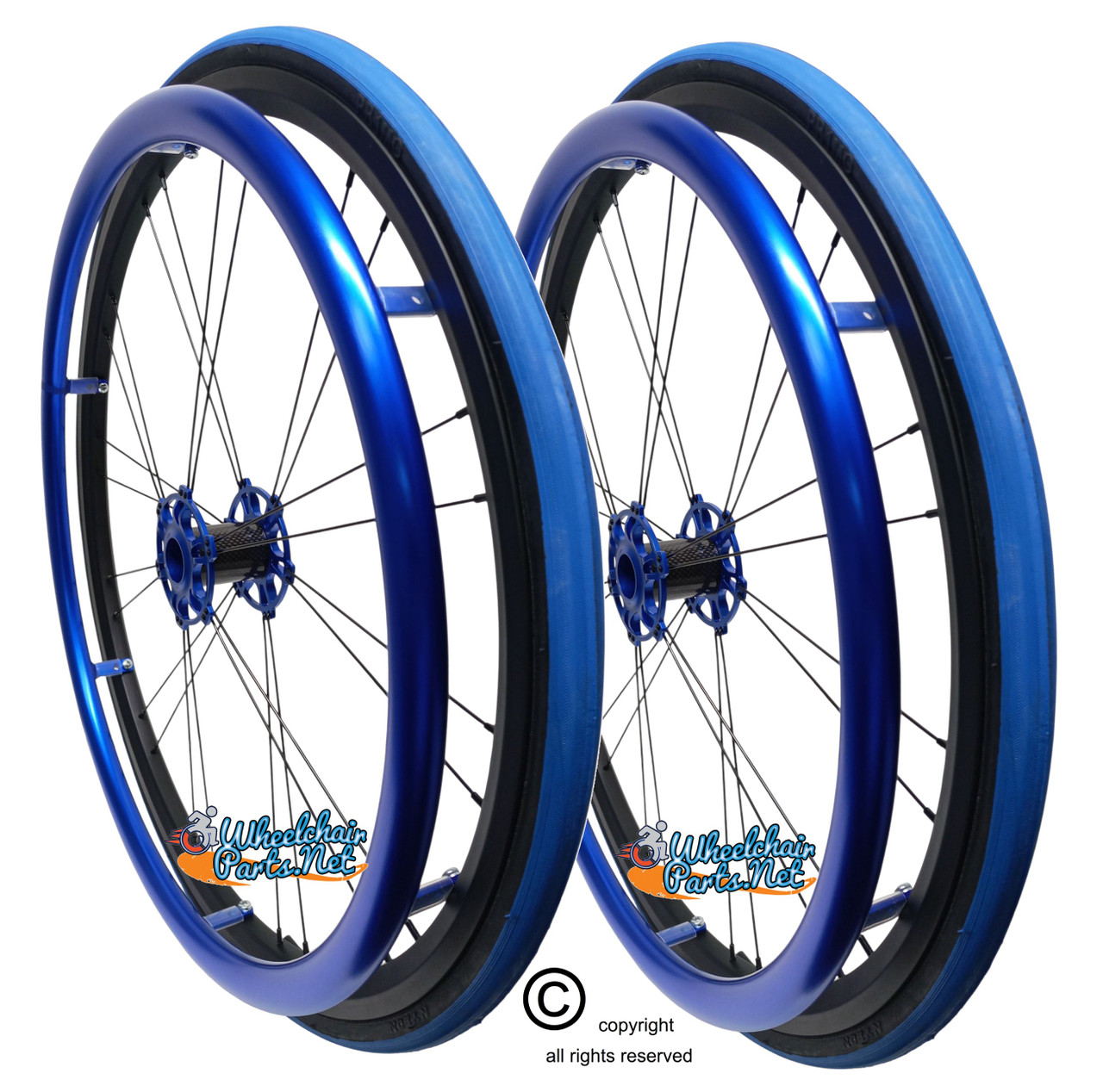 Shivoxx 24"x1" (540) Wheels with Primo V-Trak Blue Tires. Blue Pushrim, Aluminum/Carbon Hub and 1/2" Bearings