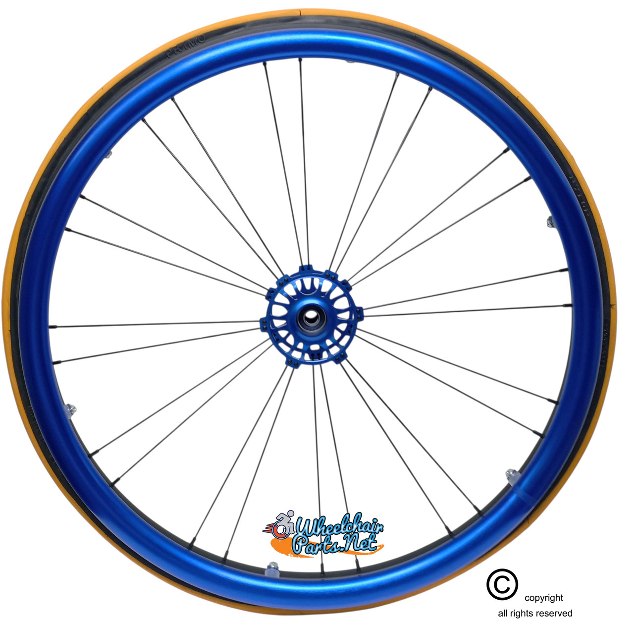 Shivoxx 24"x1" (540) Wheels with Primo V-Trak Orange Tires. Blue Pushrim, Aluminum/Carbon Hub and 1/2" Bearings
