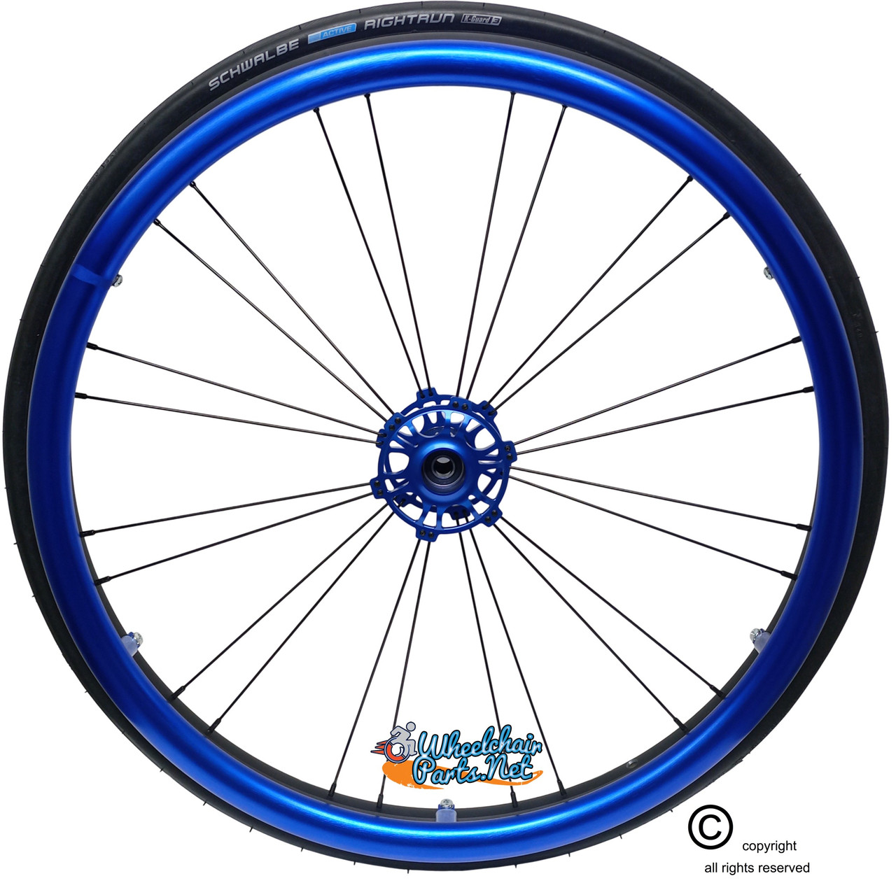 Shivoxx 24"x1" (540) Wheels with Schwalbe RightRun Tires. Blue Pushrim, Aluminum/Carbon Hub and 1/2" Bearings