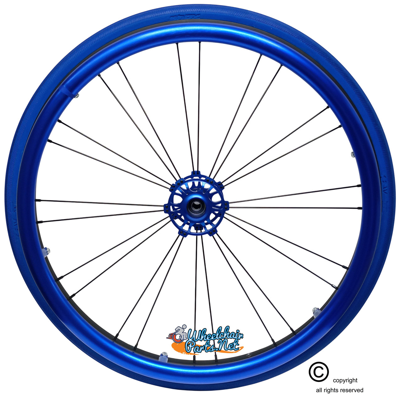 Shivoxx 24"x1" (540) Wheels with Shox G1 Blue Tires. Blue Pushrim, Aluminum/Carbon Hub and 1/2" Bearings