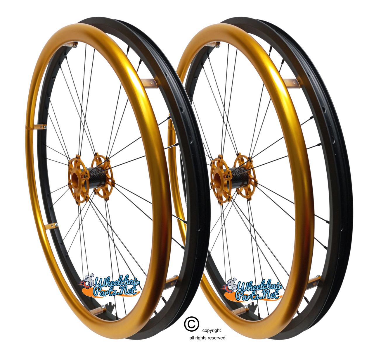 Shivoxx 24" (540) Wheels with Gold Pushrim, Aluminum/Carbon Hub and 1/2" Bearings. NO Tires