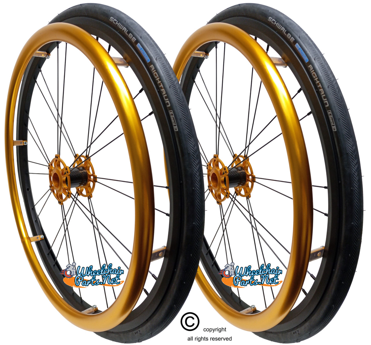 Shivoxx 24"x1" (540) Wheels with Schwalbe RightRun Tires. Gold Pushrim, Aluminum/Carbon Hub and 1/2" Bearings