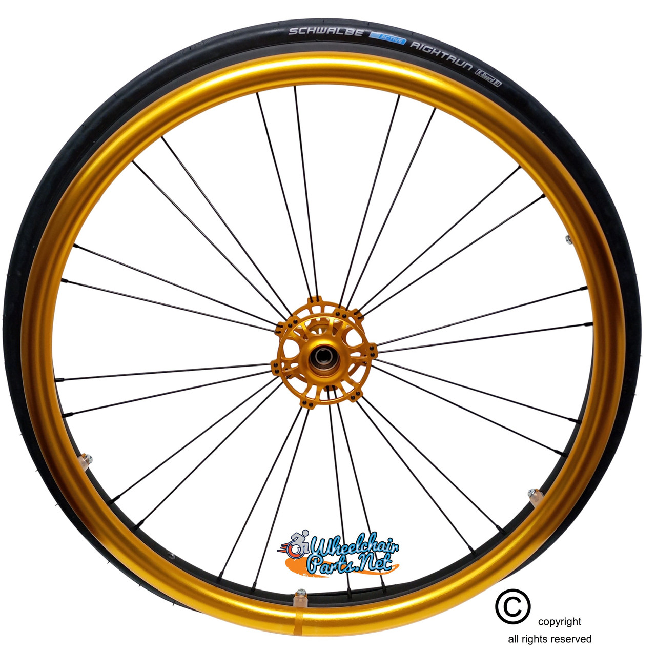 Shivoxx 24"x1" (540) Wheels with Schwalbe RightRun Tires. Gold Pushrim, Aluminum/Carbon Hub and 1/2" Bearings