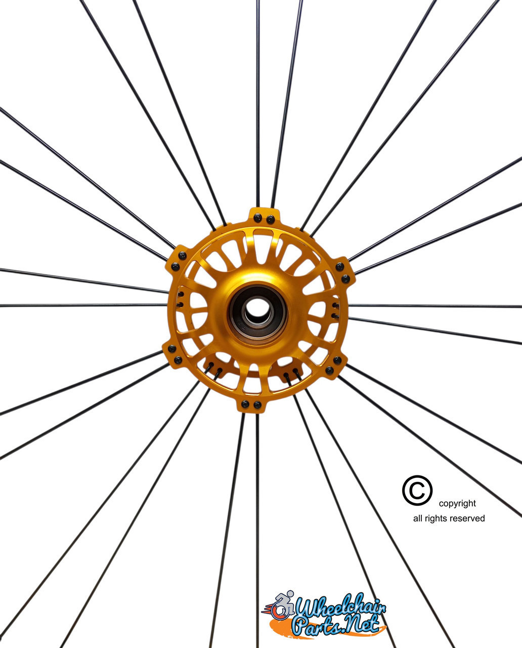 Shivoxx 24"x1 3/8" (540) Wheels with Primo All Terrain Tires. Gold Pushrim, Aluminum/Carbon Hub and 1/2" Bearings