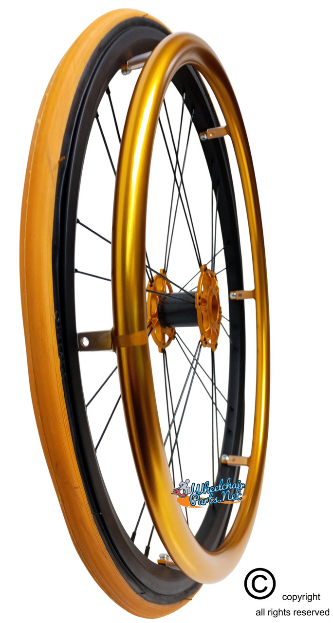 Shivoxx 24"x1" (540) Wheels with Primo V-Trak Orange Tires. Gold Pushrim, Aluminum/Carbon Hub and 1/2" Bearings