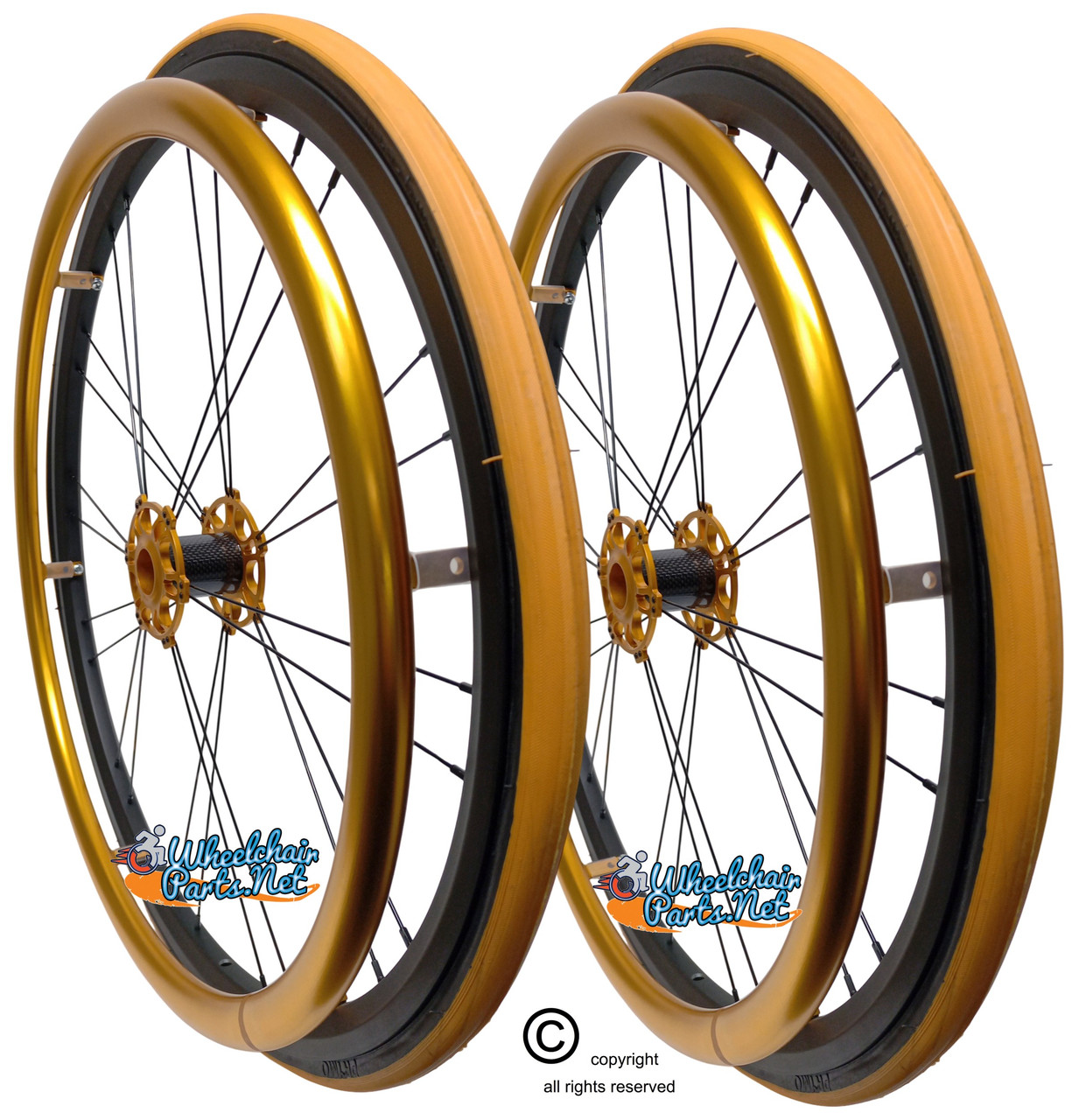 Shivoxx 24"x1" (540) Wheels with Primo V-Trak Orange Tires. Gold Pushrim, Aluminum/Carbon Hub and 1/2" Bearings