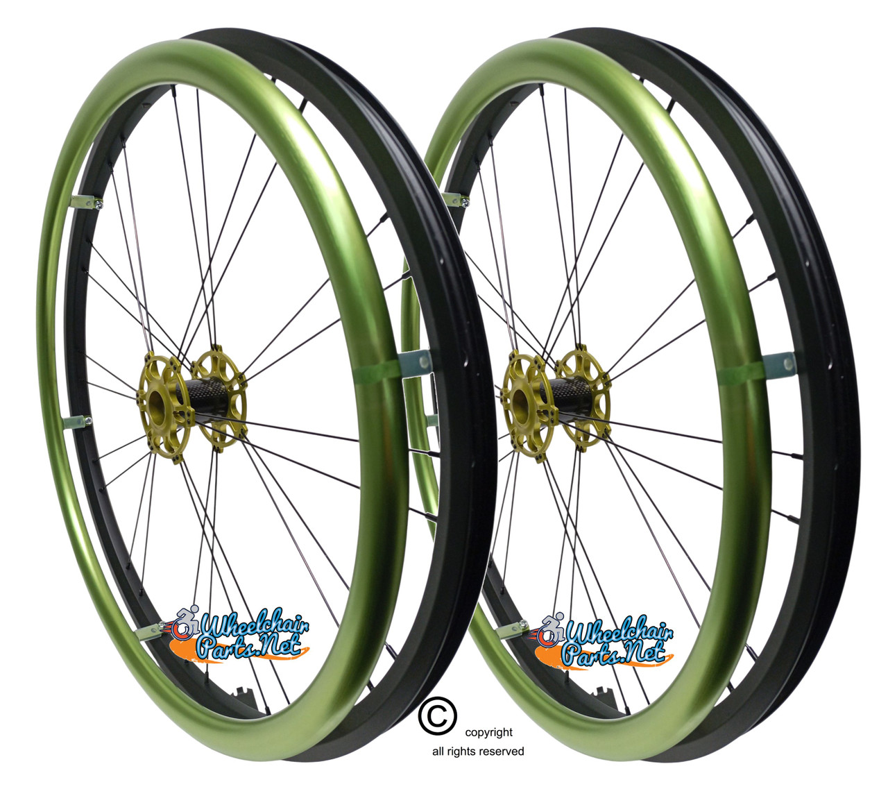 Shivoxx 24" (540) Wheels with Green Pushrim, Aluminum/Carbon Hub and 1/2" Bearings. NO Tires