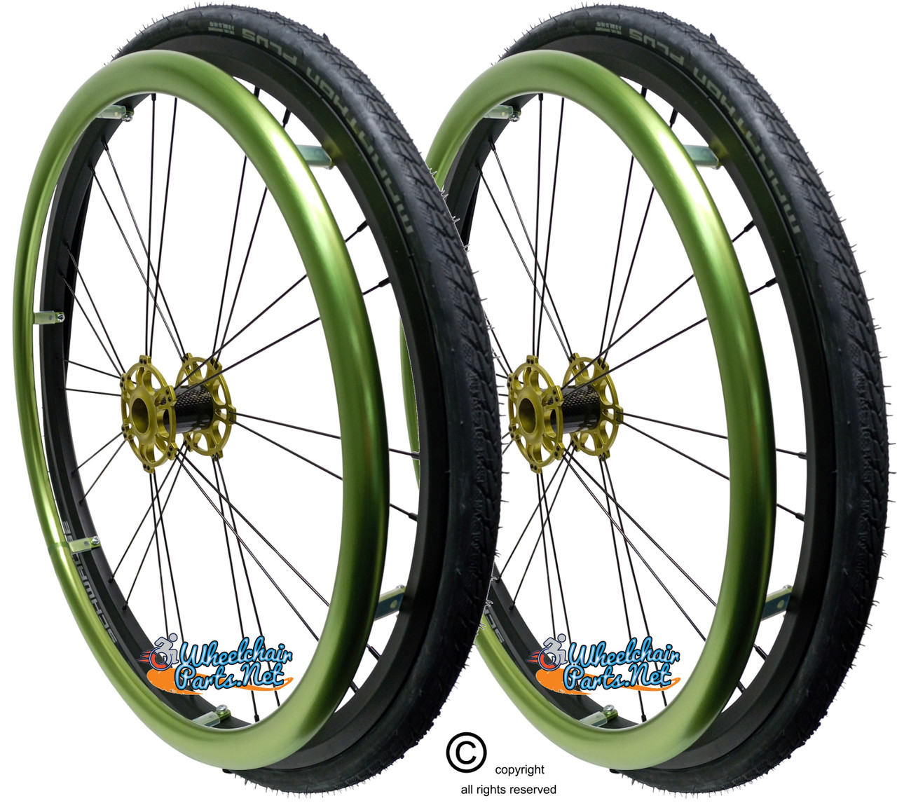 Shivoxx 24"x1" (540) Wheels with Schwalbe Marathon Plus Tires. Green Pushrim, Aluminum/Carbon Hub and 1/2" Bearings